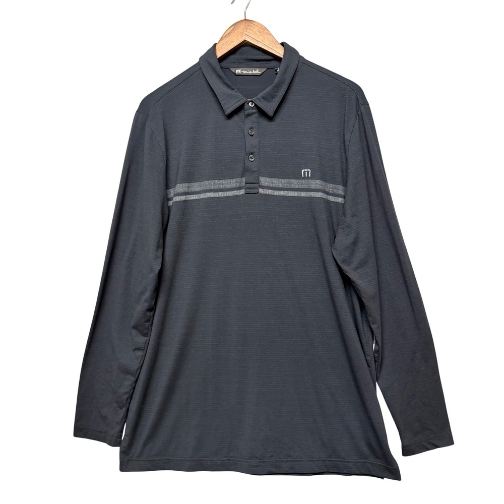 TravisMathew Polo Shirt Men L Black Long Sleeve Stretch Striped Performance Golf